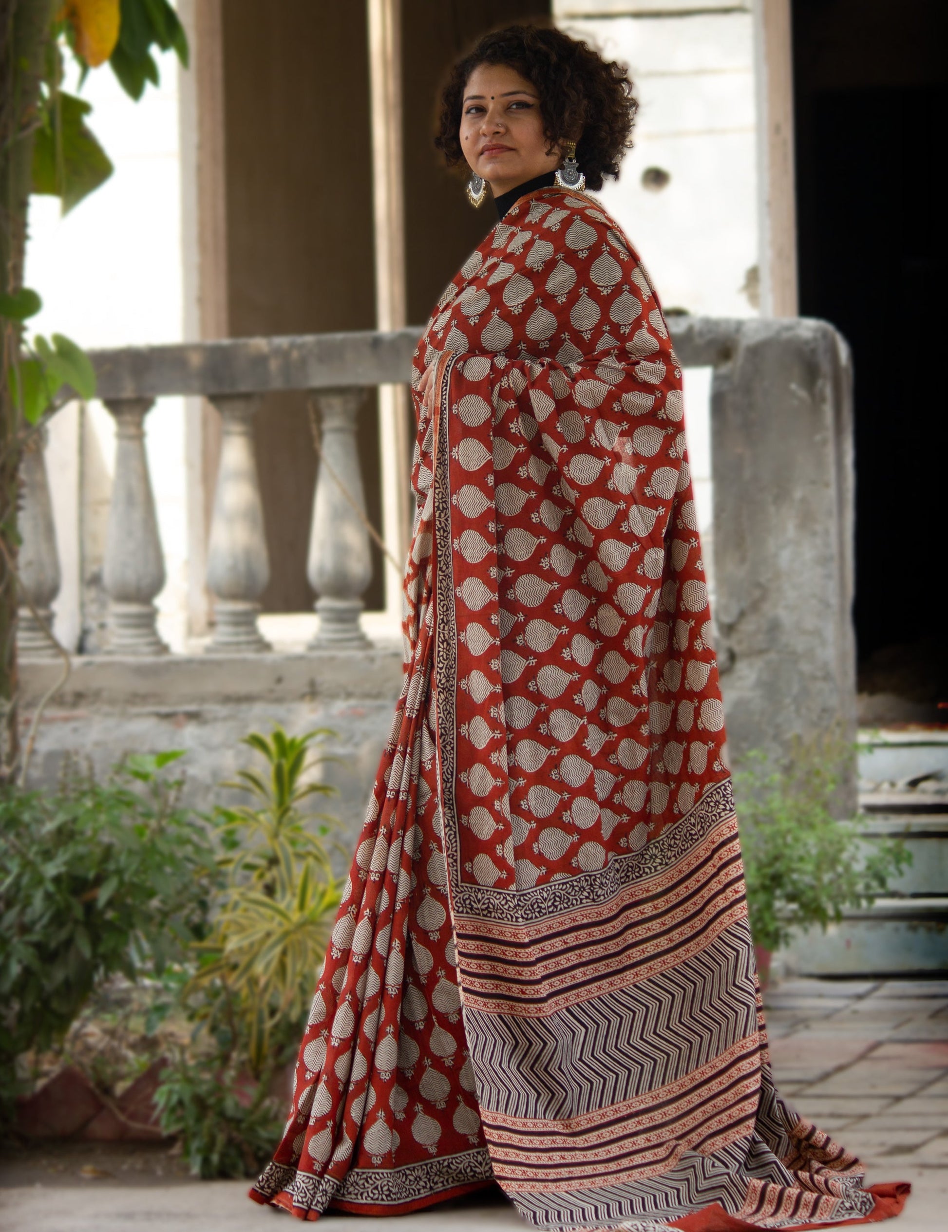 Organic Vibes Orange Handblock Printed Mulmul Cotton Saree with White Buties